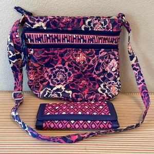 Vera Bradley Katalina Pink Triple Zip Crossbody Purse & magnetic trifold wallet.